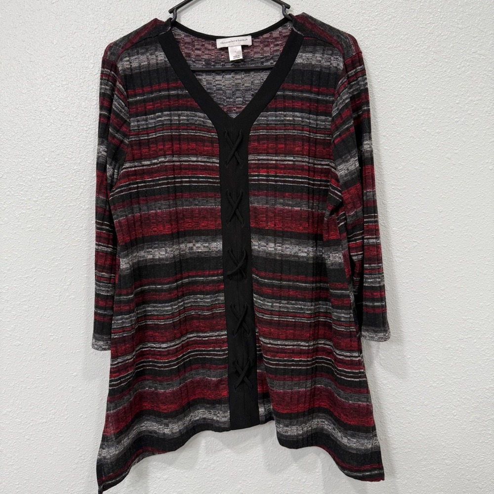 Christopher & Banks Striped Knit Tunic Top 3/4 Sleeve V Neck‎ Lace Up Womens L